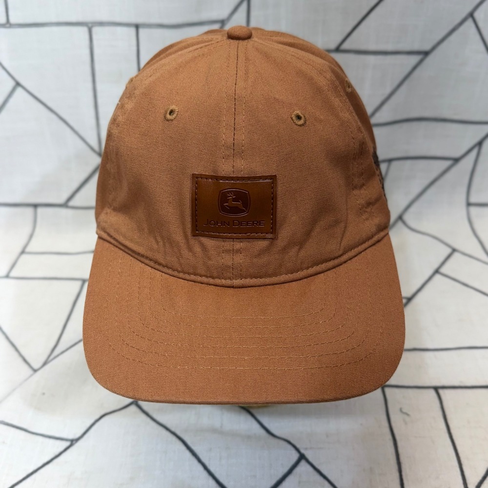 John Deere Baseball Hat OSFM Brown Canvas Leather Patch Adjustable Strapback